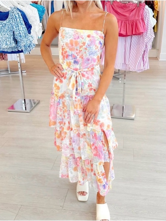 Dresses & Skirts - Pastel Floral Tiered Maxi Dress with Tie Waist